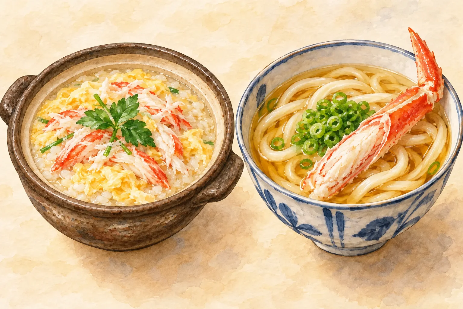 土鍋に盛ったカニ雑炊とカニうどんを並べた、温かみのある水彩風イラスト（イメージ）