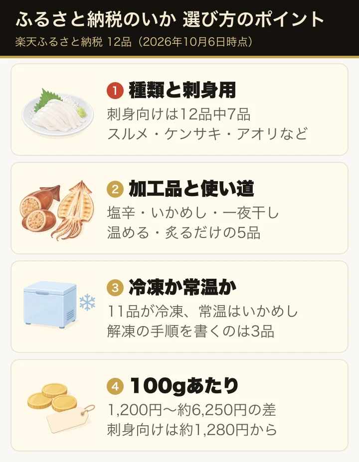 この記事のポイント：いかの種類と刺身用・加工品と使い道・冷凍か常温か・100gあたりの寄付額