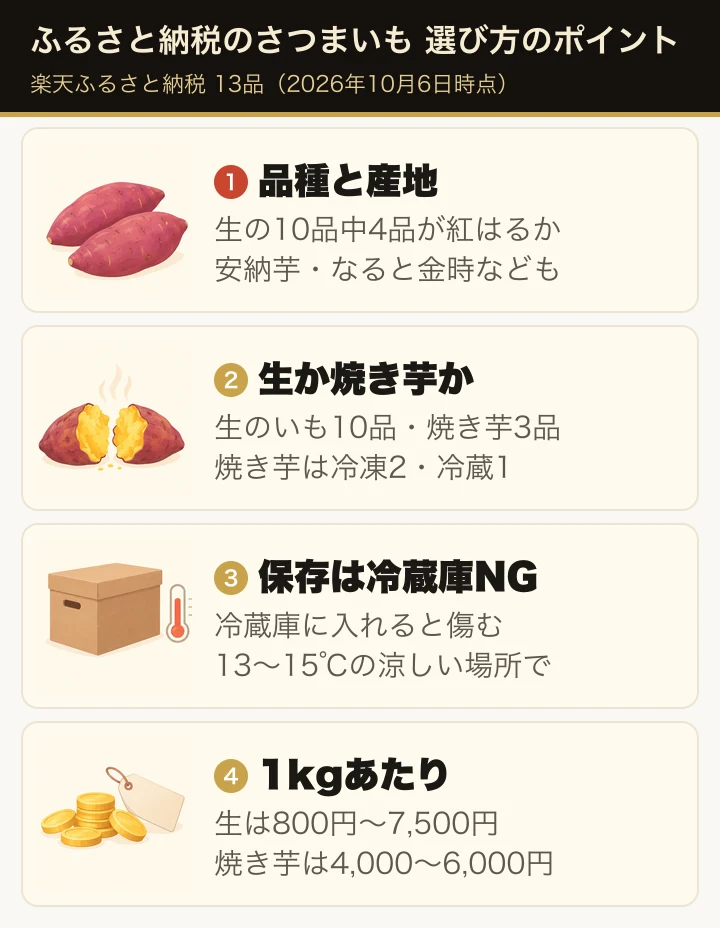 この記事のポイント:品種と産地・生のいもか焼き芋か・保存と熟成と発送時期・1kgあたりの寄付額