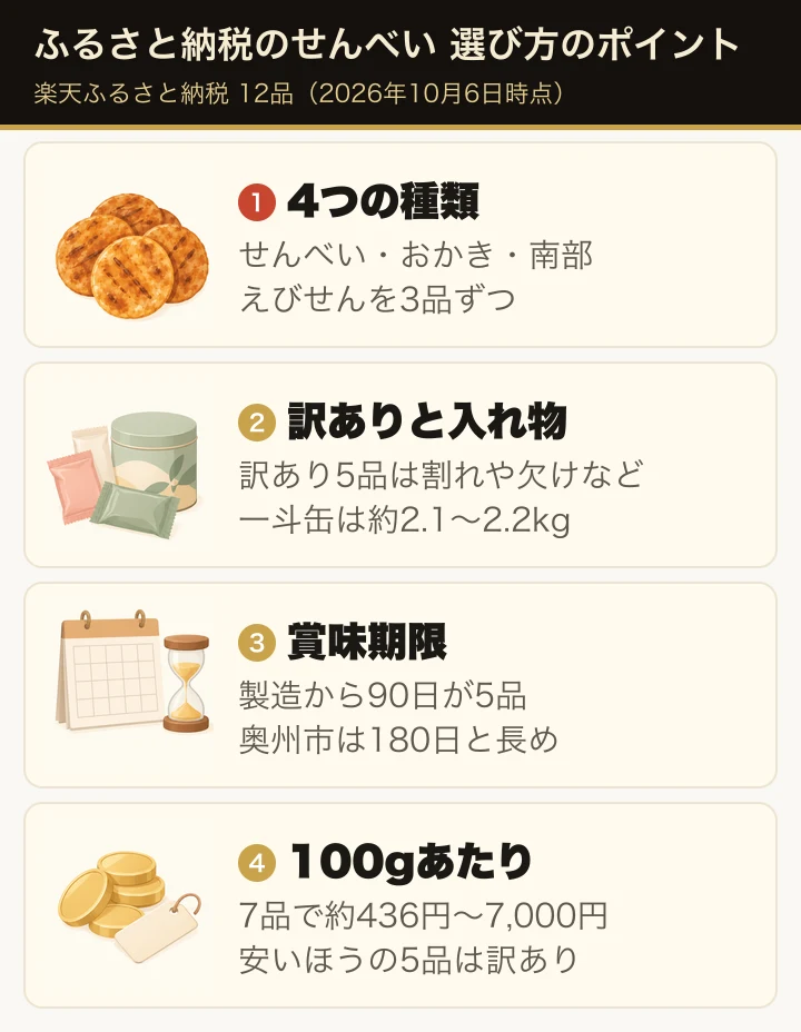 この記事のポイント:4つの種類・訳ありと入れ物・賞味期限・100gあたりの寄付額