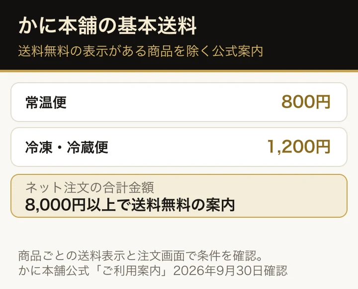 かに本舗の基本送料は常温便800円、冷凍・冷蔵便1,200円。ネット注文の合計8,000円以上で送料無料となる公式案内も掲載