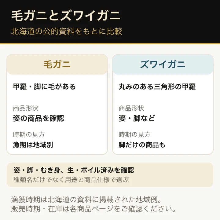 毛ガニとズワイガニの見た目・販売形状・通販での確認項目を比べる図